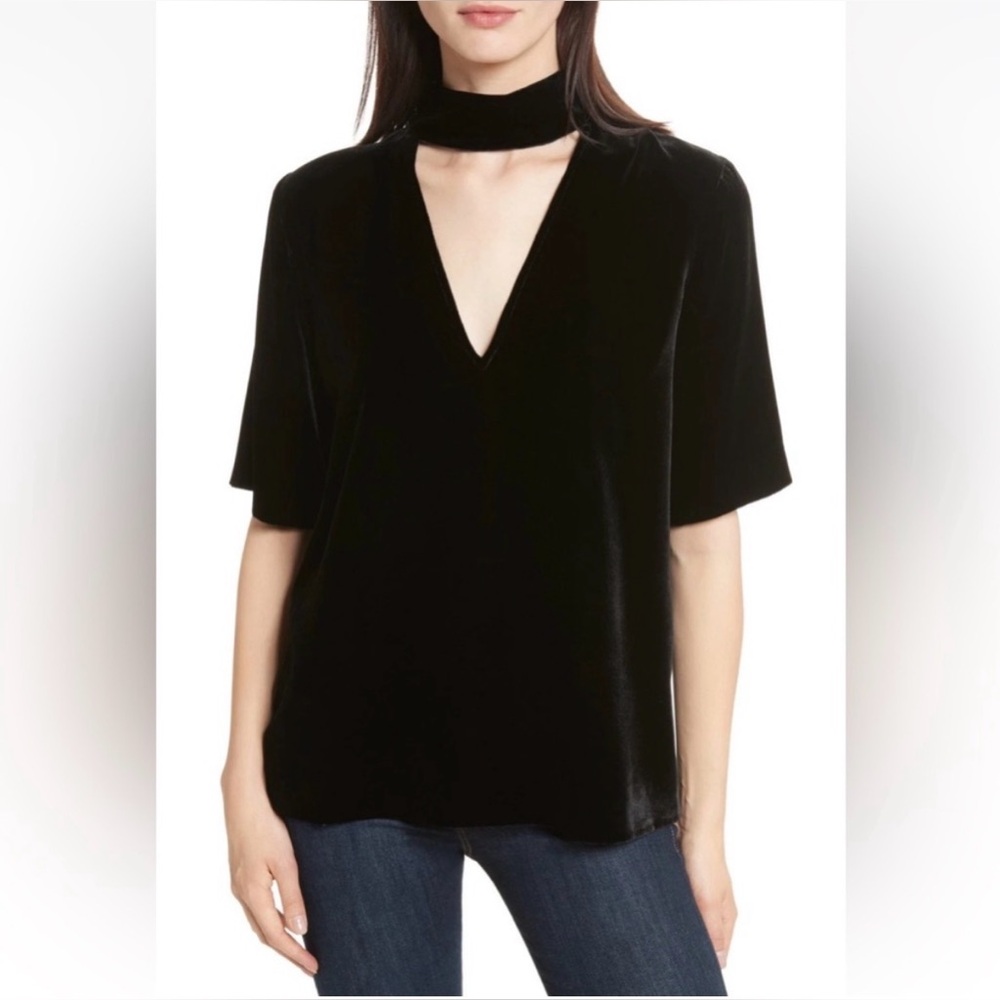 Theory • Choker Collar Black V-Neck Velvet Blouse Small